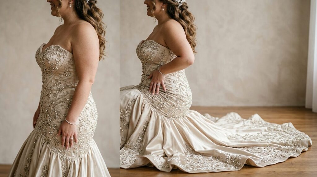 Close-up fashion detail shot of a curvy woman wearing a plus