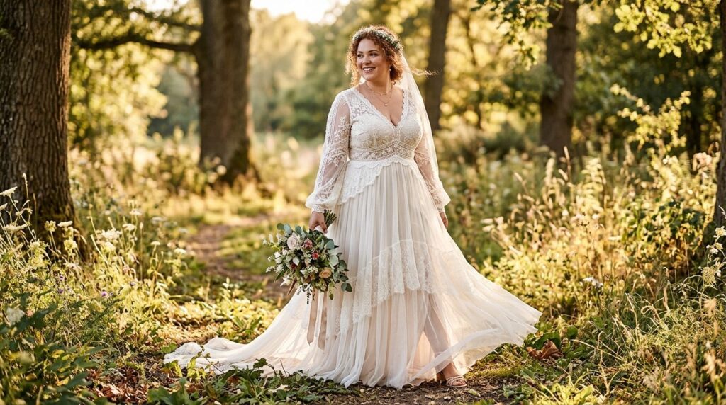 Full-length fashion photograph of a plus-size bride in a boh