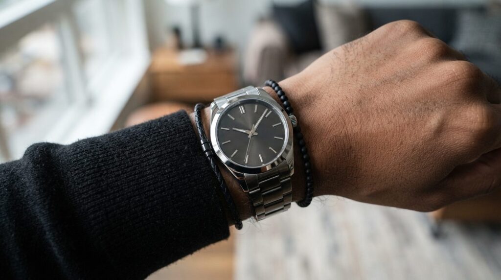 Close-up detail shot of luxury watch on wrist, all-black cas