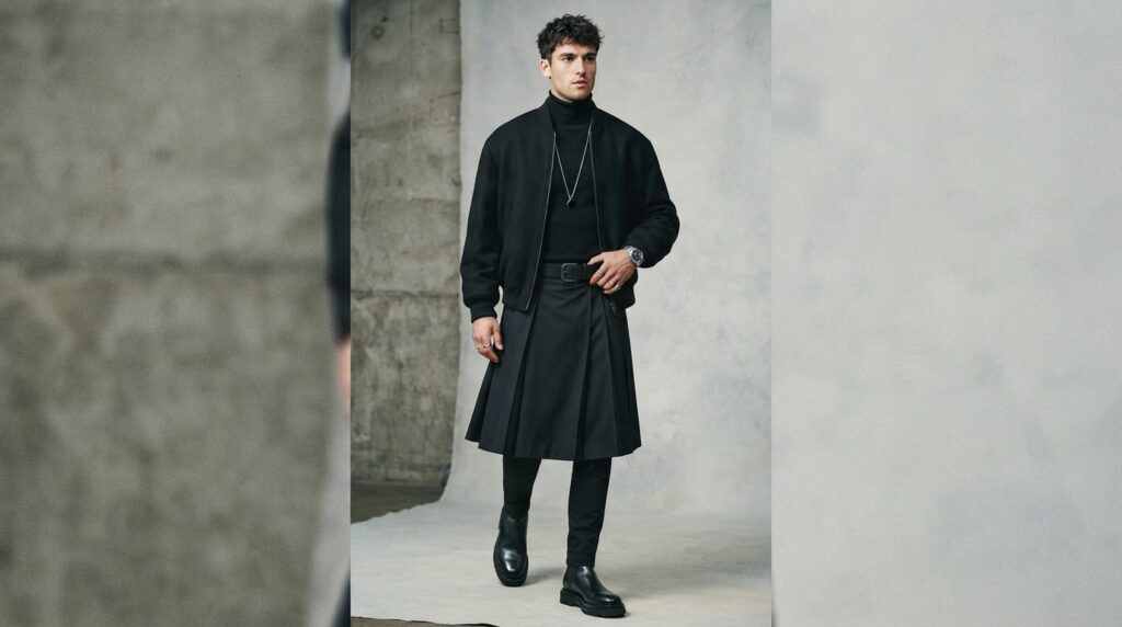 Full-body fashion portrait of man in styled all-black outfit
