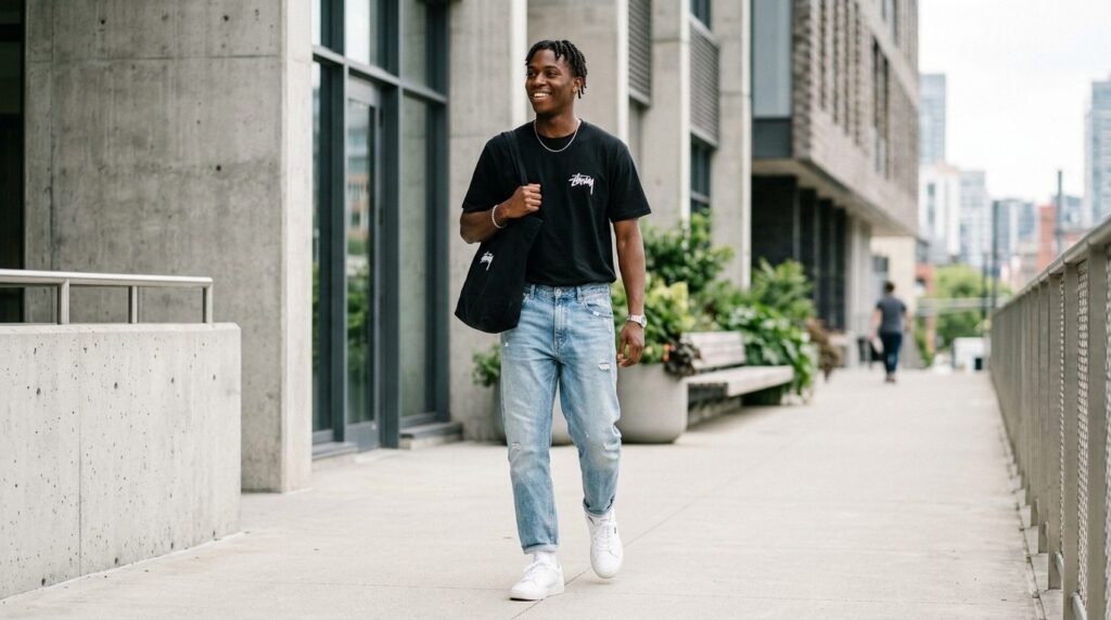 Lifestyle fashion photography of a black Stussy basic tee st