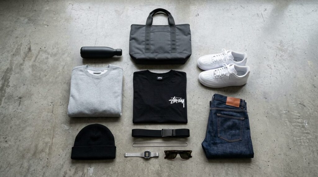Flat lay overhead shot of a curated minimalist streetwear ca